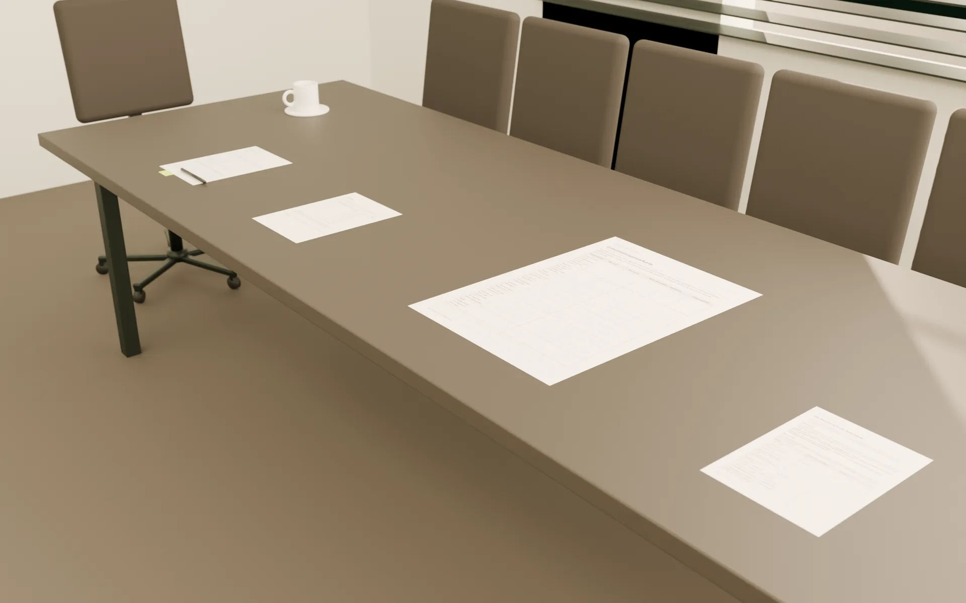 Derselbe Tisch ohne Lichtstreifen: Vier Blätter liegen in einer Reihe, auf einem davon ein Stift und ein Registerreiter in Lime.